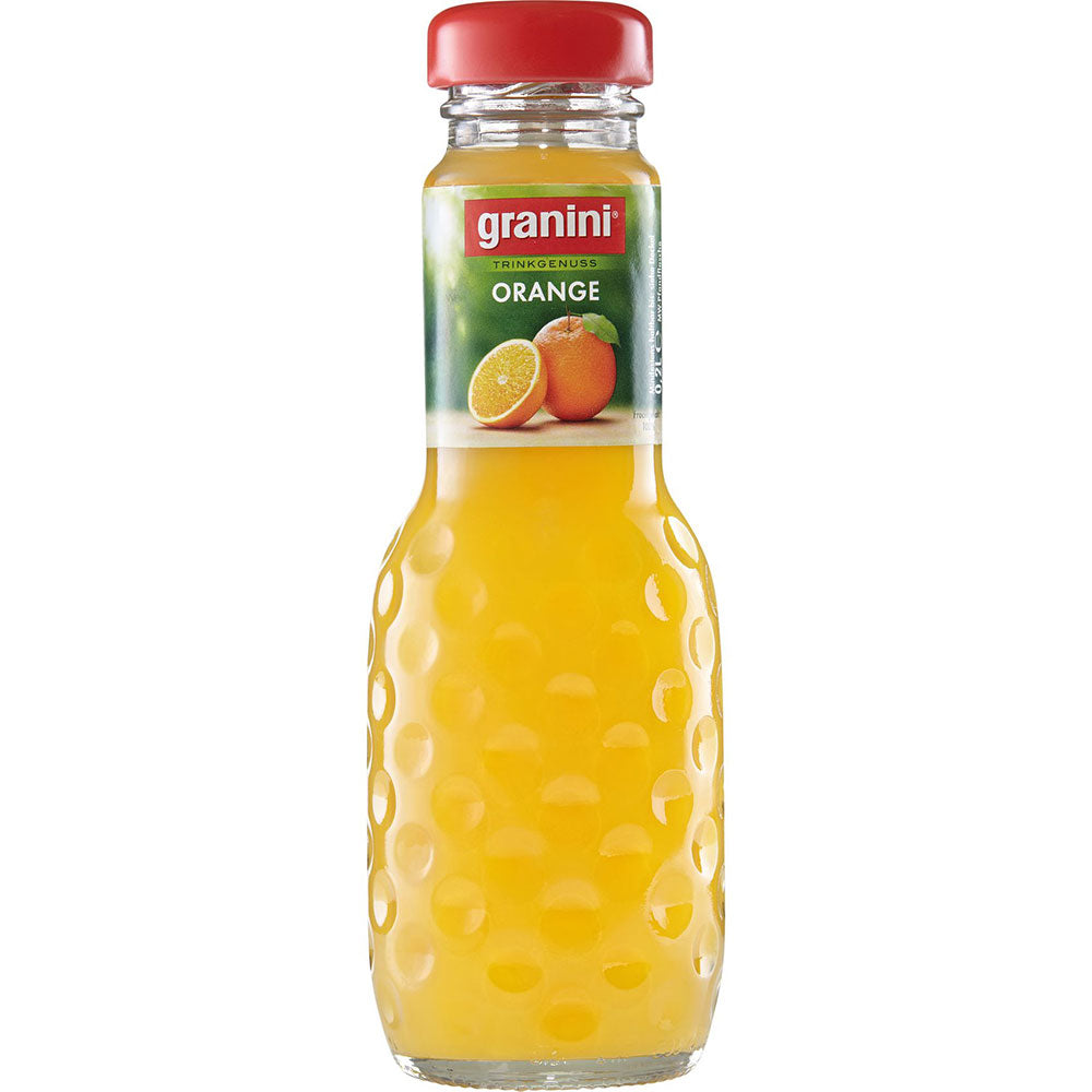 Granini Orangensaft Mehrweg in der 0,2-Liter-Glasflasche mit rotem Verschluss und orangefarbenem Etikett, mit 100% Fruchtsaft; erhältlich im 24er-Pack.
