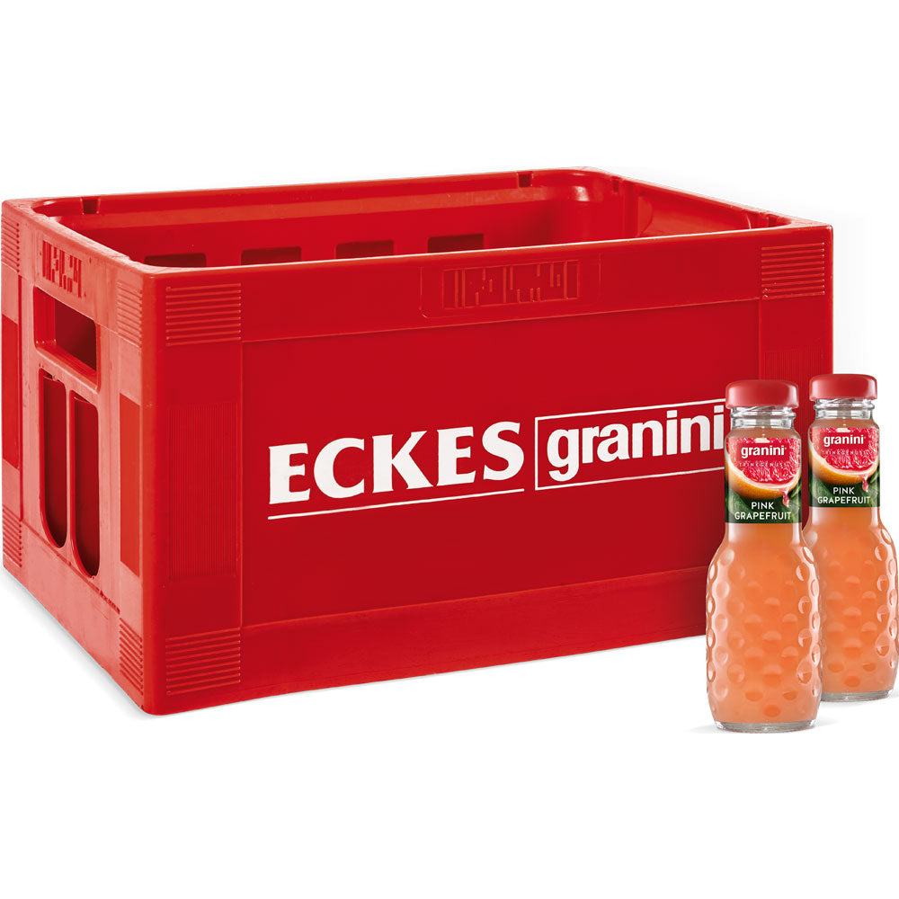 Eine rote Plastikkiste mit der Aufschrift Granini enthält 24 0,2-Liter-Flaschen Granini Pink Grapefruit Nektar (Mehrweg), mit zwei Flaschen davor, die echten Trinkgenuss hervorheben.