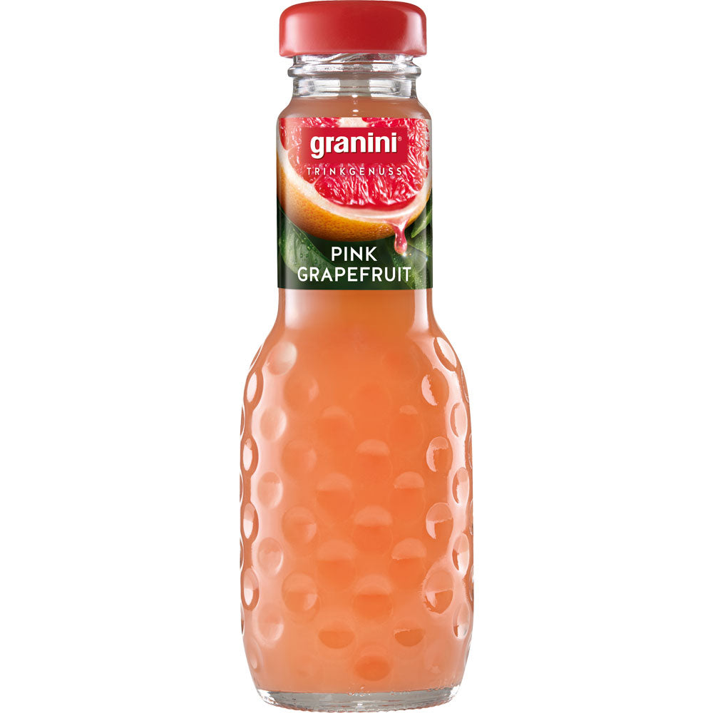 Eine 0,2-Liter-Flasche Granini Pink Grapefruit Nektar (Mehrweg) von Granini, mit rotem Verschluss und strukturiertem Glas für puren Trinkgenuss.