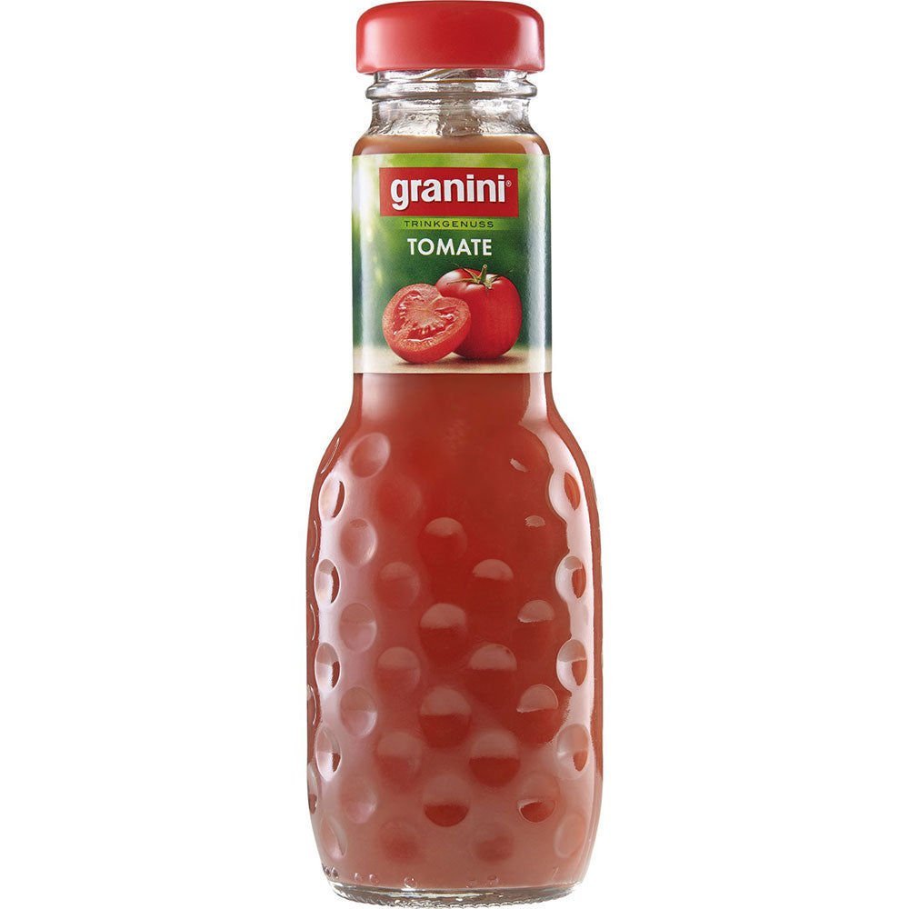 Granini Tomatensaft 24x 0,2L Mehrweg: Glasflaschen mit rotem Deckel und Tomatenetiketten, 100% Tomatensaft ohne Zuckerzusatz.