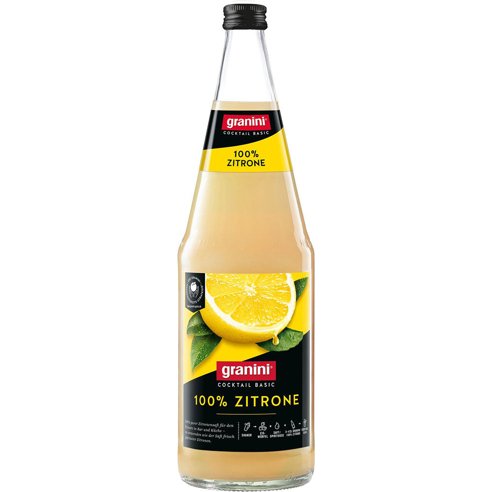Granini Zitronensaft 6x 1 Liter (MEHRWEG) im Glas mit gelbem Etikett und Zitronenmotiv - ungezuckerter Zitronensaft von Granini, ideal zum Kochen für frischen, natürlichen Geschmack.