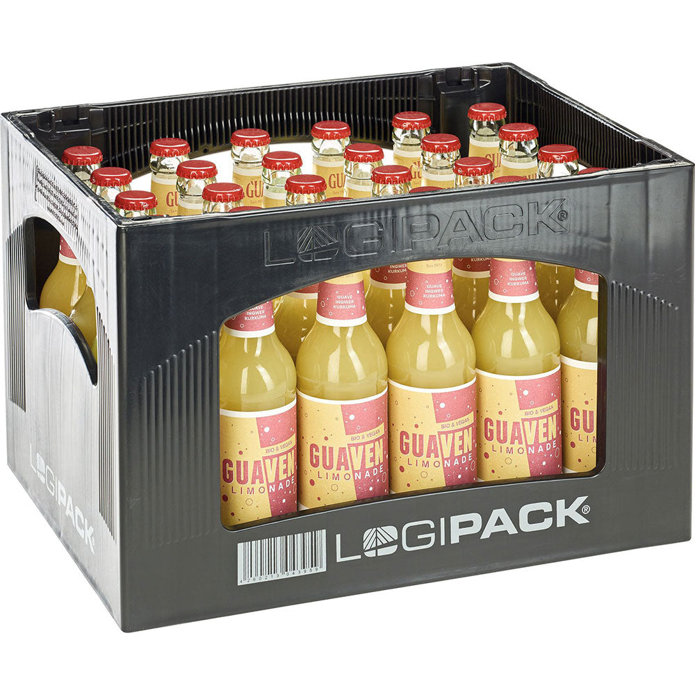 Eine schwarze Kiste mit 24 Glasflaschen GUA Guave-Ingwer-Kurkuma Limo BIO & VEGAN (je 0,33 l), einer Bio-Fruchtlimonade von GUA, mit roten Verschlüssen und gelben Etiketten.