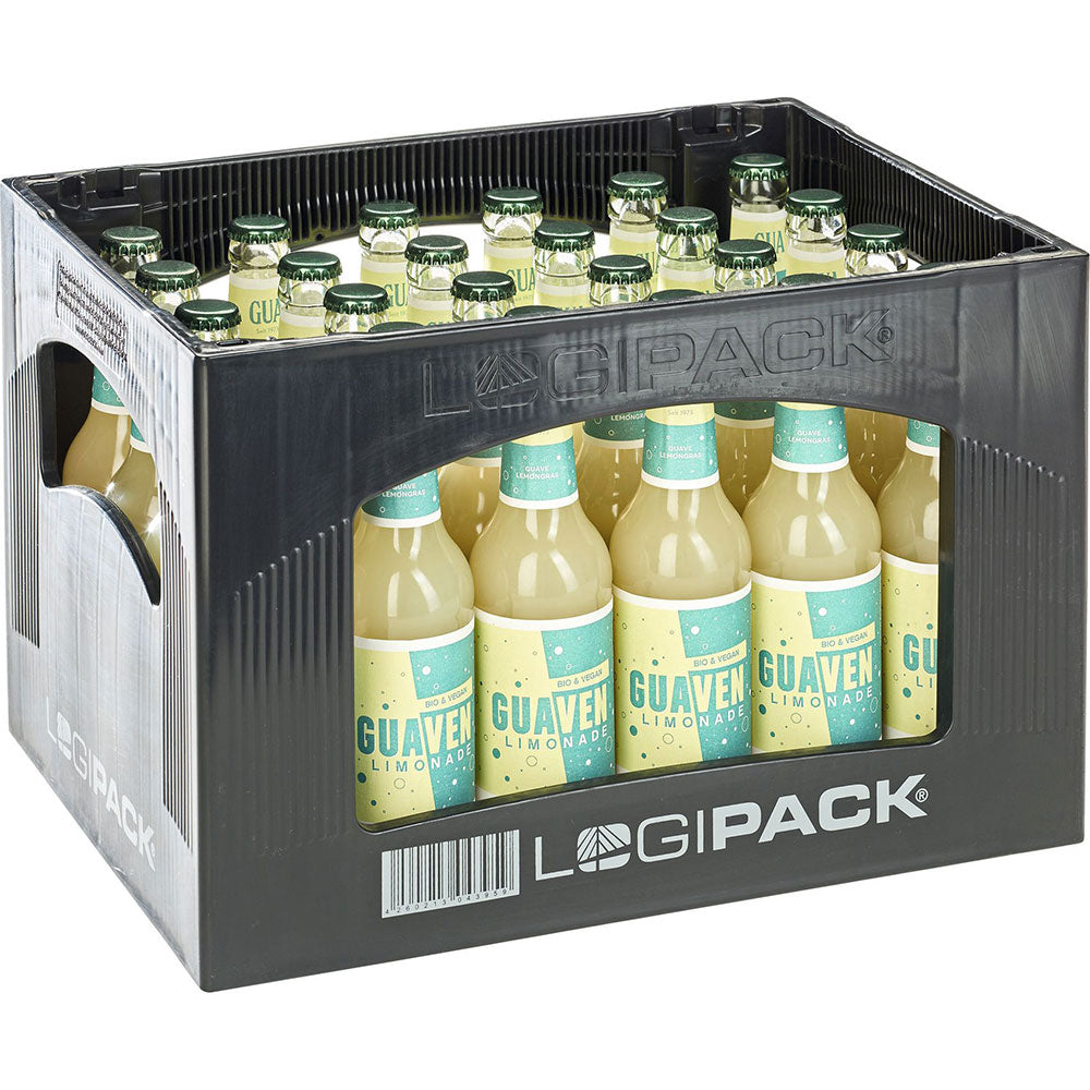 Eine schwarze Kiste enthält 24 Flaschen (je 0,33 l) GUA Guave-Lemongras Limo BIO & VEGAN mit gelben und grünen Etiketten, die eine erfrischende, biologische und vegane Limonade der Marke GUA anbieten.