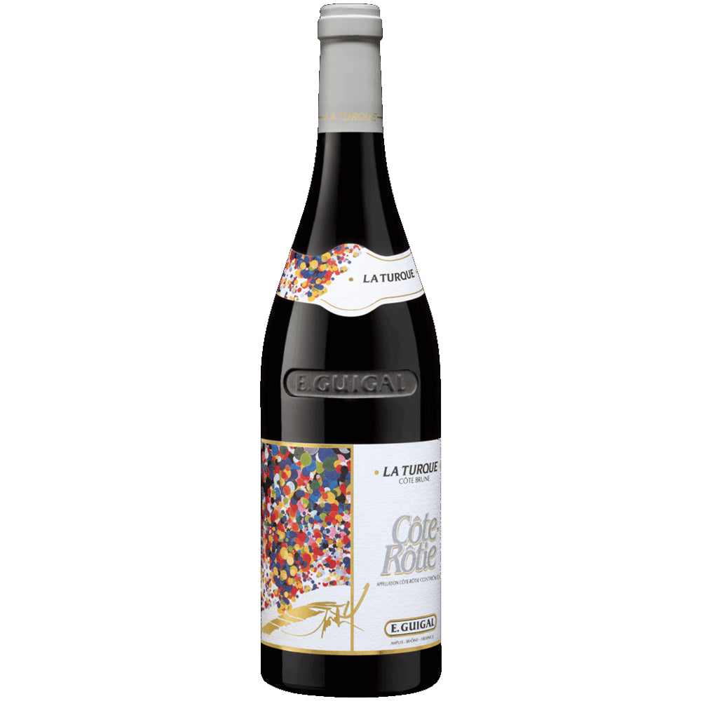 Eine Flasche des Rotweins „E. Guigal Côte-Rôtie La Turque AOC 2021“ besticht durch ein farbenfrohes Konfetti-Design auf dem Etikett und besticht durch außergewöhnliche Syrah-Trauben aus dem renommierten Weinberg „Côte Brune“.