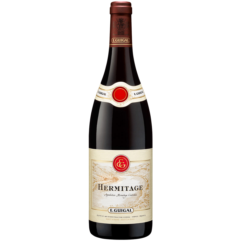 Eine Flasche E. Guigal Hermitage Rouge AOC 2018, ein Rotwein von E. Guigal aus Syrah-Trauben, mit einem cremefarbenen Etikett mit eleganten roten Akzenten.