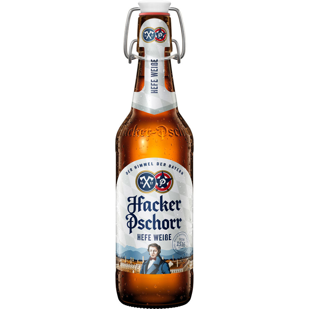 Eine 0,5-Liter-Flasche Hacker-Pschorr Hefe Weiße Bügel (MEHRWEG) von Hacker-Pschorr, mit Bügelverschluss und detailliertem Etikett, erhältlich im 20er-Pack.