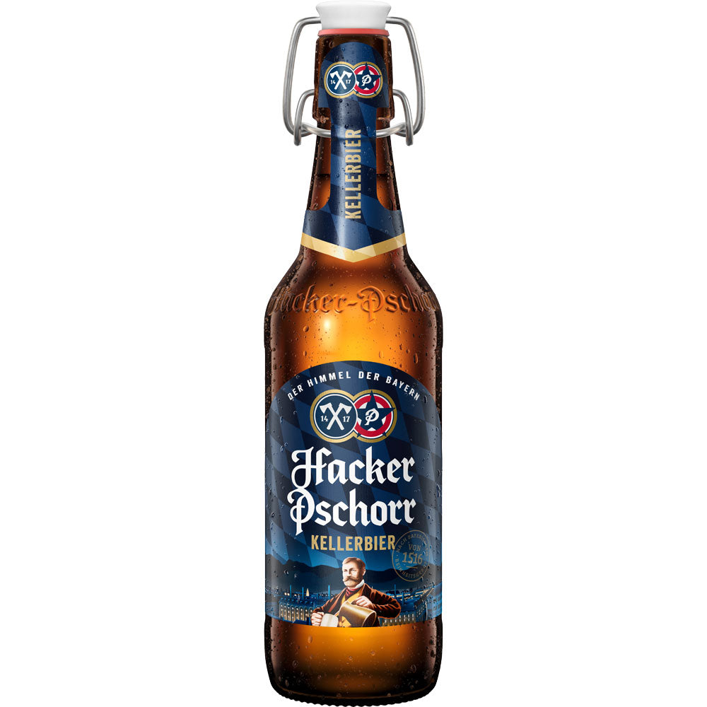 Eine Braunglasflasche von Hacker-Pschorr Naturtrübes Kellerbier Bügel (20x 0,5L MEHRWEG) mit Bügelverschluss und blau-goldenem Etikett der Marke Hacker-Pschorr.