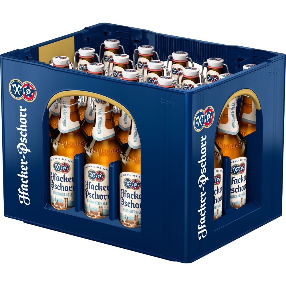 Eine blaue Kiste Hacker-Pschorr Naturtrübes Kellerbier Bügel 20x0,5L (Mehrweg) besteht aus klassischen Bügelflaschen mit naturtrübes Bier Etiketten der Marke Hacker-Pschorr.