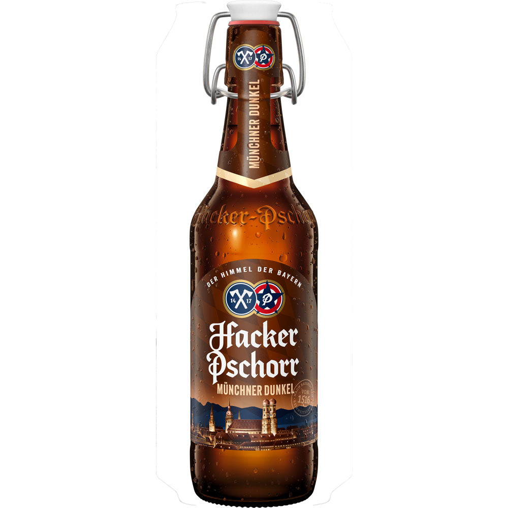 Eine 0,5L Flasche Hacker-Pschorr Münchner Dunkel, Teil des 20er-Packs (Mehrweg), ein klassisches Dunkelbier von Hacker-Pschorr.