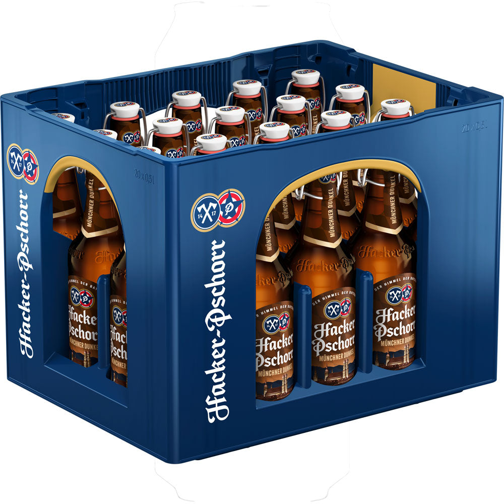 Eine blaue Kiste enthält 20 Flaschen Hacker-Pschorr Münchner Dunkel 0,5L (MEHRWEG), fein säuberlich in Reihen angeordnet.