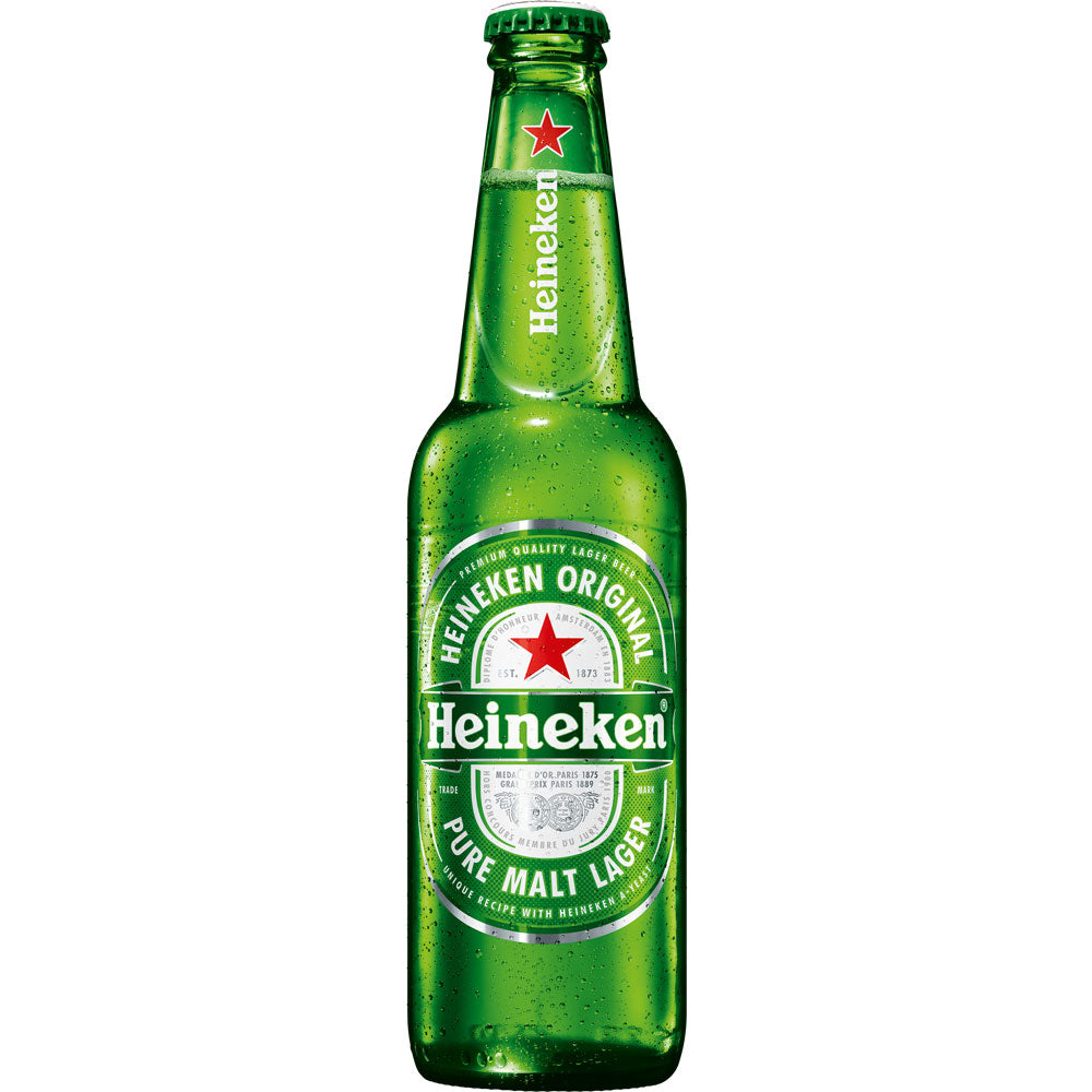 Eine grüne Glasflasche Heineken Original 20x 0,4 Liter (MEHRWEG) zeigt den klassischen roten Stern und das Etikett, die für dieses helle Lagerbier von Heineken stehen.