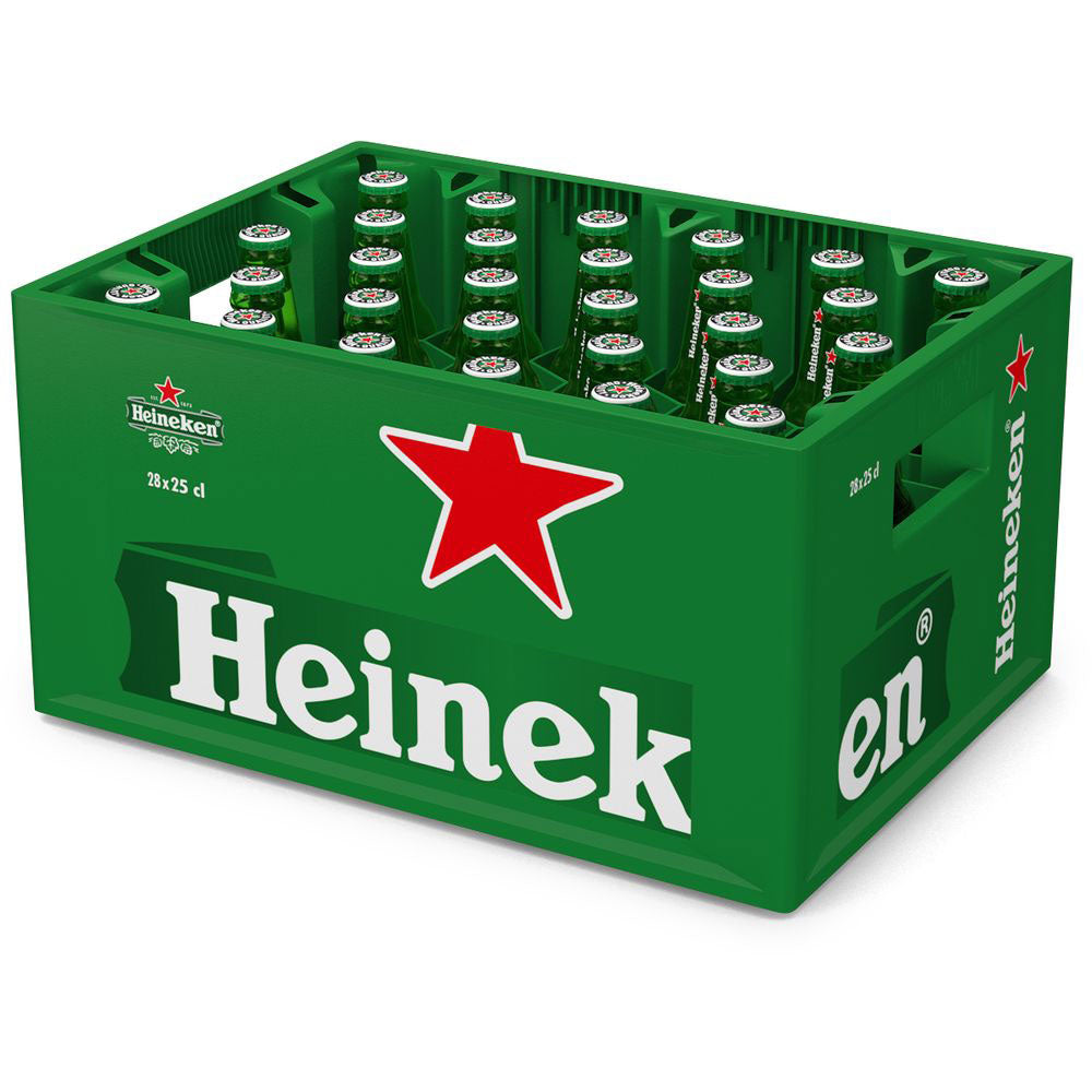 Eine grüne Kiste mit 28 Flaschen Heineken Pilsener 0,25 l (MEHRWEG) mit dem kultigen Heineken-Logo und dem roten Stern - perfekt, um den klassischen Heineken-Geschmack zu genießen.