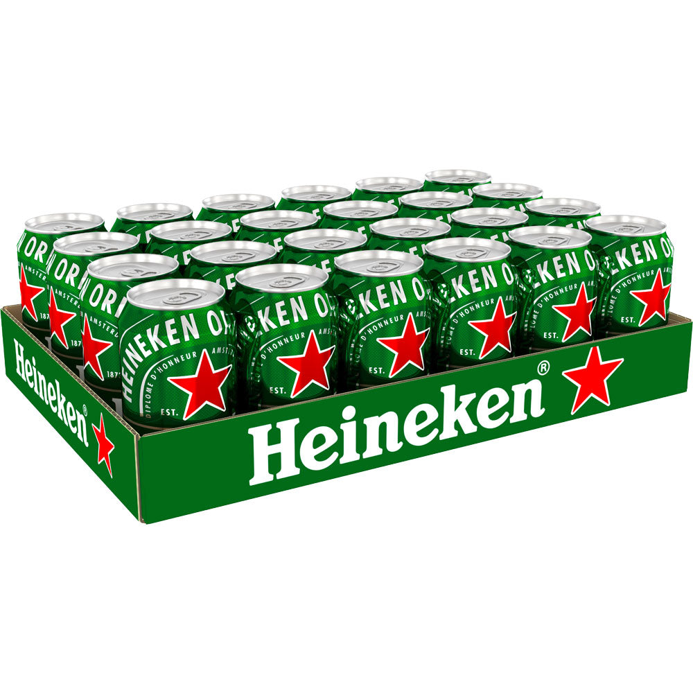 Ein Tray mit 24 Heineken Original Pilsener Dosen (24x0,33L, EINWEG) mit klassischem Heineken Branding - ideal für Fans von knackigem Pilsener Lagerbier.