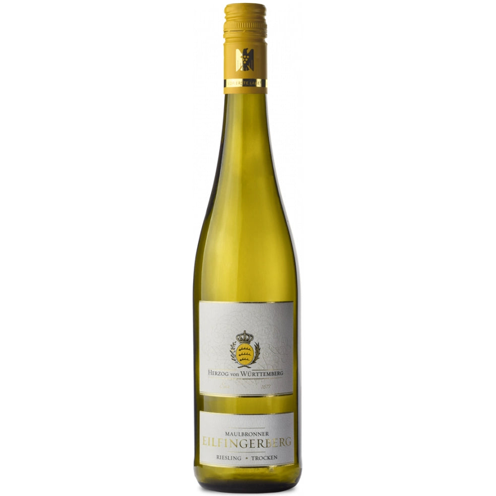Eine hohe Flasche „Herzog von Württemberg Maulbronner Eilfingerberg Riesling 1G trocken 2024“ mit goldenem Verschluss und weißem Etikett, auf dem die Qualität „VDP.Erste Lage trocken“ hervorgehoben ist.