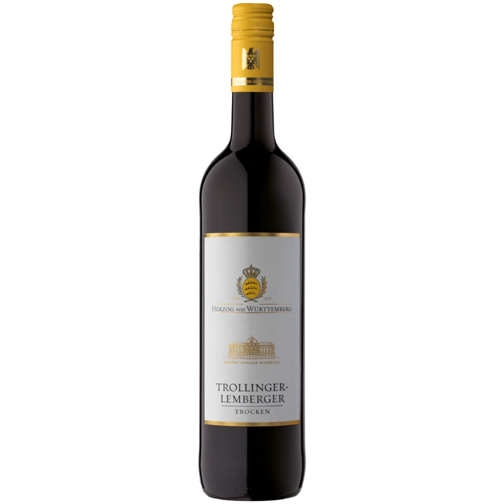 Eine Flasche „Herzog von Württemberg Schloss Monrepos Trollinger-Lemberger VDP.Gutswein trocken“, ein bemerkenswerter württembergischer Rotwein mit weißem Etikett und gelbem Verschluss.