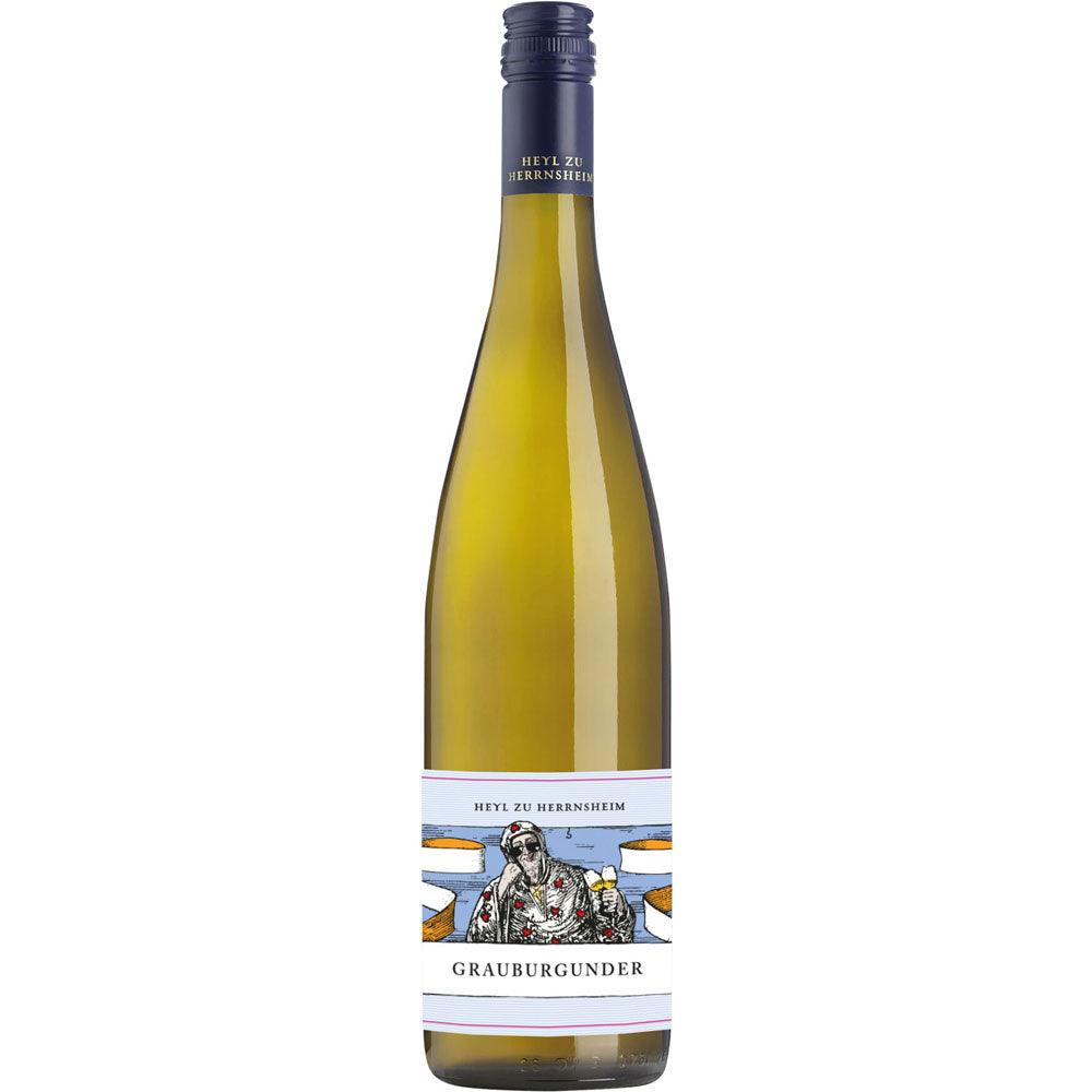 Eine Flasche Heyl zu Herrnsheim Grauburgunder trocken 2023, ein deutscher Weißwein mit einem blau-weißen Etikett.