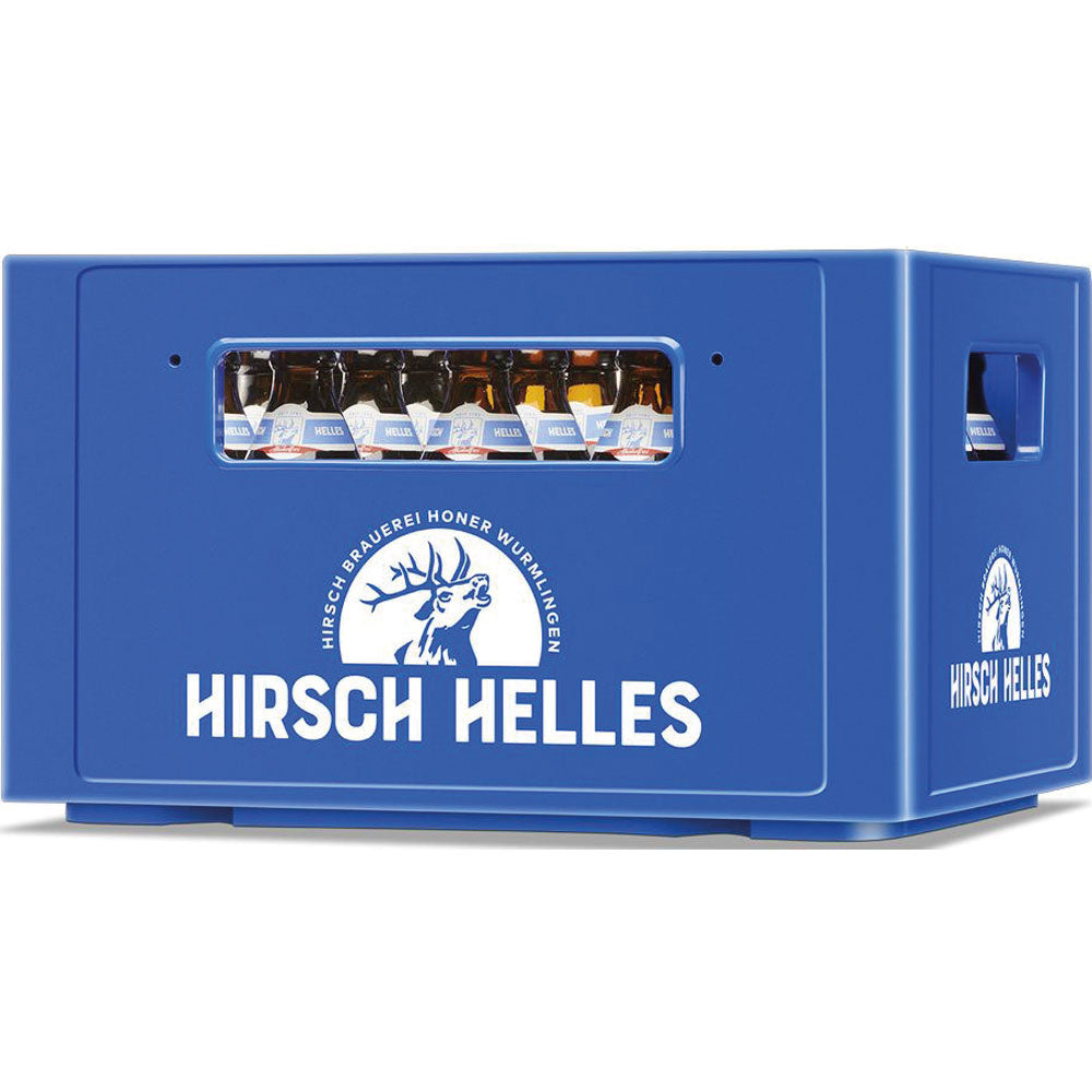 Blauer Kasten mit Hirsch Brauerei Branding, der 20x0,33L Flaschen Hirsch Helles 0,0% Alkoholfrei Bier (kalorienarm, alkoholfrei) enthält, sichtbar durch ein Seitenfenster.