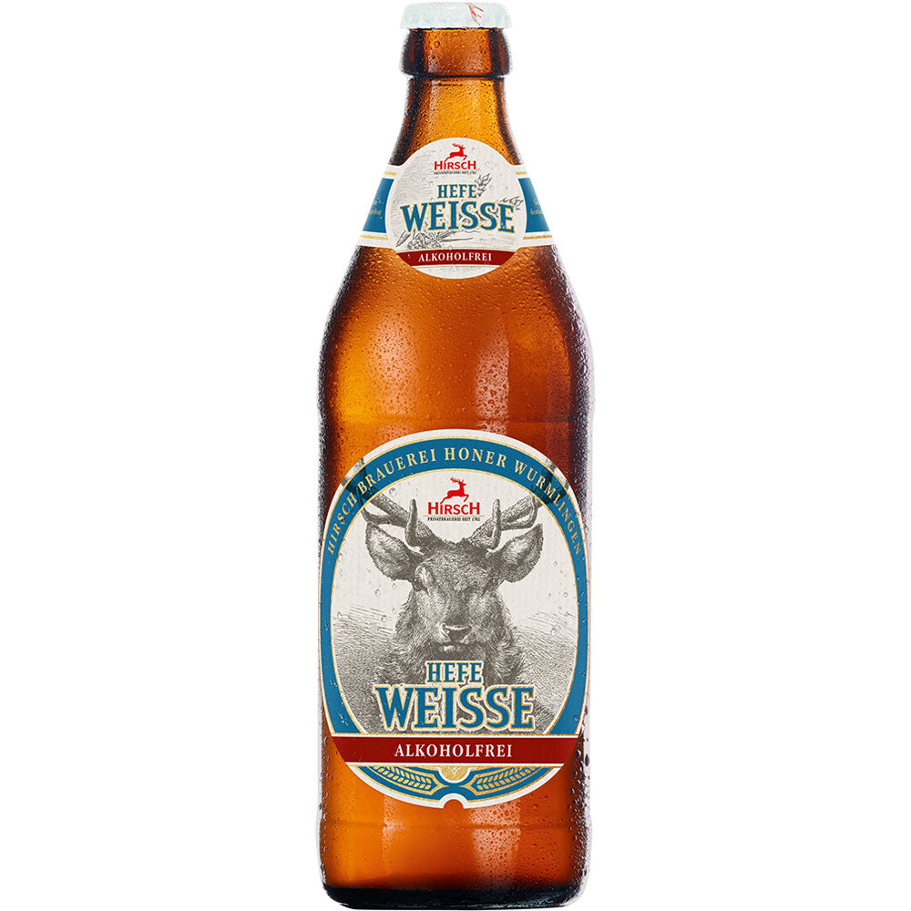 Eine braune Flasche Hirsch Alkoholfreie Weisse 0,5L (MEHRWEG) von der Hirsch Brauerei, mit einer Hirsch-Illustration auf dem Etikett.