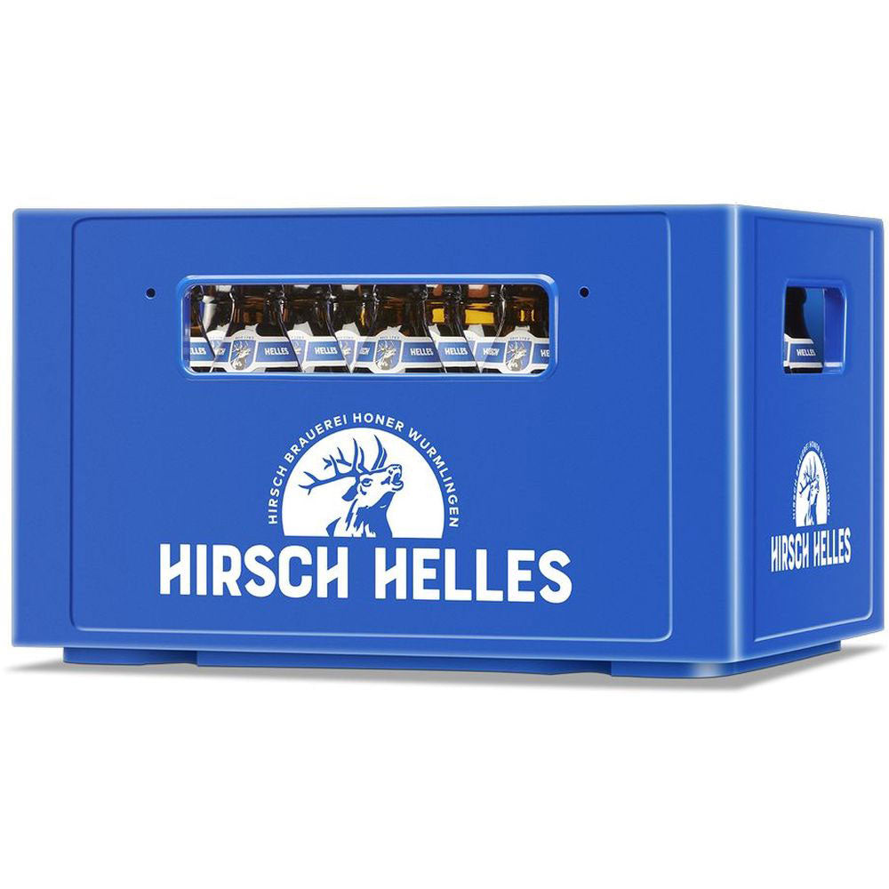 Blaue Kiste mit der Aufschrift Hirsch Brauerei, in der sich Flaschen Hirsch Helles 20x0,33L (MEHRWEG) befinden. Das erfrischende Lagerbier mit Hirsch-Logo kommt aus Baden-Württemberg.