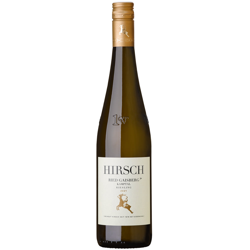 Eine hohe Flasche „Weingut Hirsch Riesling Ried Gaisberg 1ÖTW Kamptal DAC 2021“ mit beigem Etikett und goldenem Verschluss, aus der renommierten Lage Gaisberg im Kamptal.