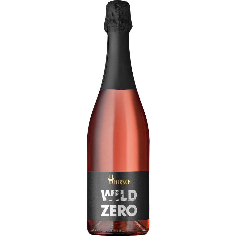 Eine 0,75L Flasche Christian Hirsch Wild Zero Sekt Rosé alkoholfrei von Christian Hirsch, mit schwarzem Etikett und Halsfolie.