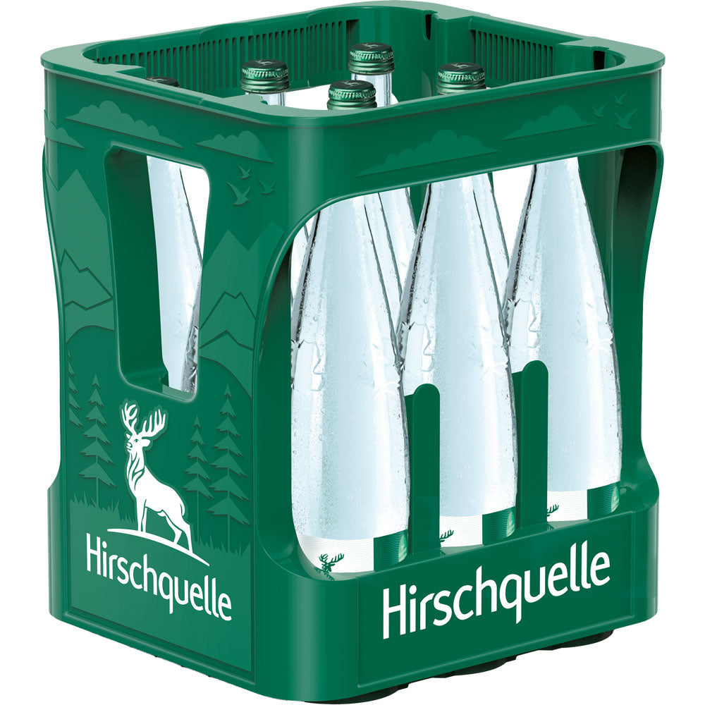 Grüner Kasten mit der Aufschrift Hirschquelle, der Hirschquelle Glas 9x 0,75 Liter (MEHRWEG) Glasflaschen enthält, auf denen das Hirschquelle Markenlogo mit einem Hirsch abgebildet ist.