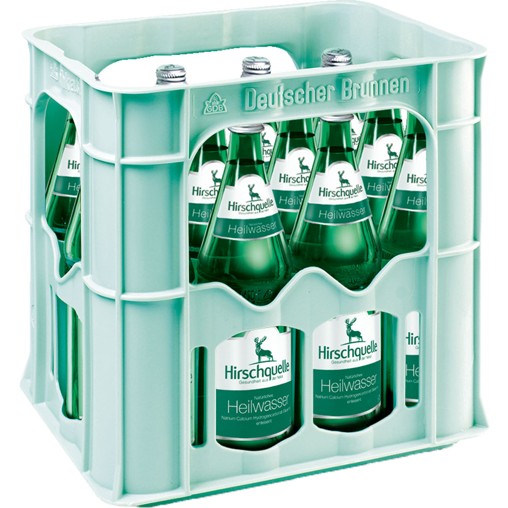 Eine Kiste Hirschquelle 12x 0,75 Liter (MEHRWEG) Grünglasflaschen, perfekt um Verdauung anzuregen. Auf der Kiste ist "Deutscher Brunnen" aufgedruckt. Marke: Hirschquelle.