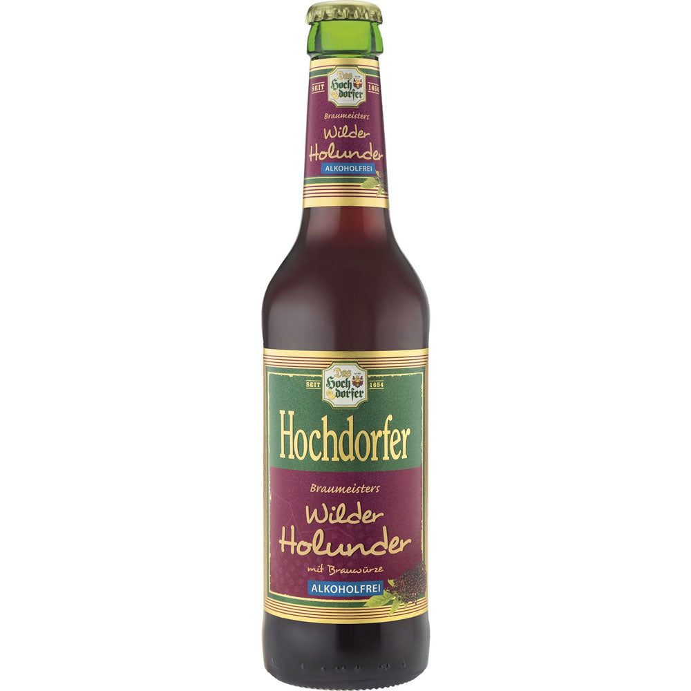 Eine Flasche Hochdorfer Kronenbrauerei Hochdorfer WilderHolunder 0,33L (Mehrweg) mit einem lila-grünen Etikett.