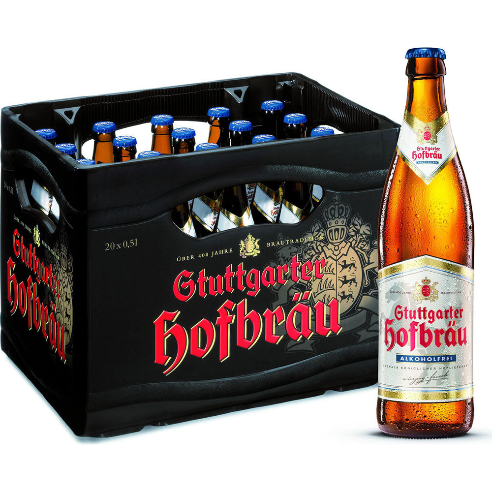 Im Vordergrund steht ein Kasten mit Stuttgarter Hofbräu Alkoholfrei 20x0,5L (MEHRWEG) Flaschen von Stuttgarter Hofbräu.