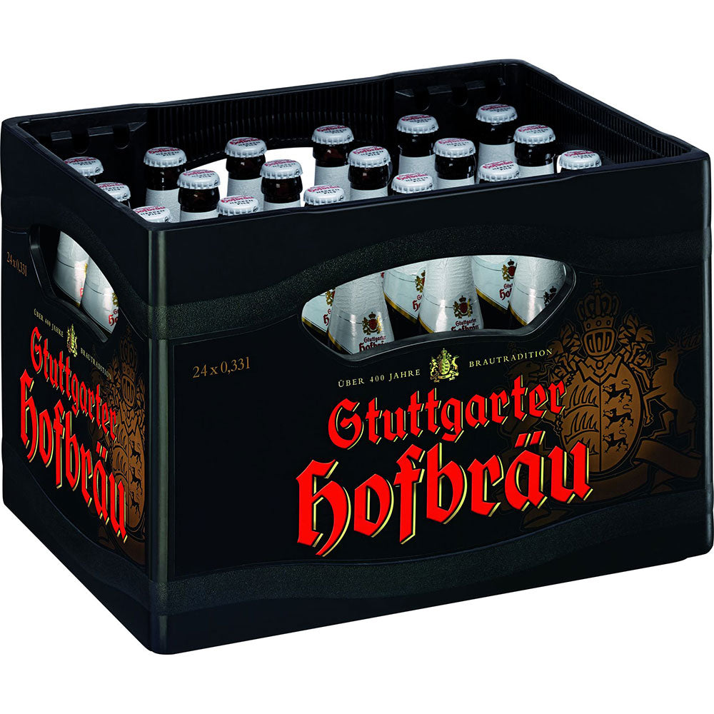 Eine Kiste Stuttgarter Hofbräu Herrenpils 24x 0,33 Liter (MEHRWEG) Flaschen, mit dem unverwechselbaren Etikett versehen - ideal für Fans von Stuttgarter Hofbräu.