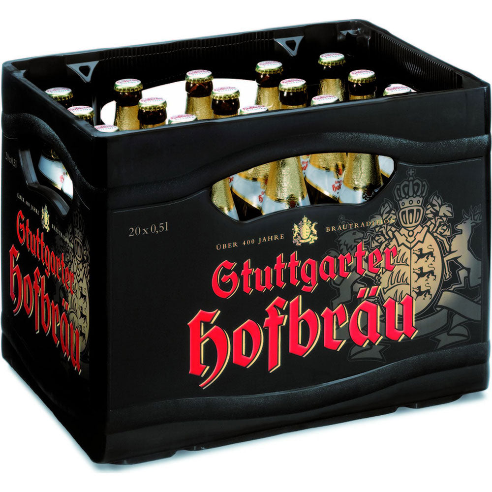 Ein Kasten Stuttgarter Hofbräu Pilsner 20x 0,5 Liter (MEHRWEG) in einer schwarzen Kiste spiegelt echte deutsche Braukunst und den süffigen Premium-Geschmack von Stuttgarter Hofbräu wider.