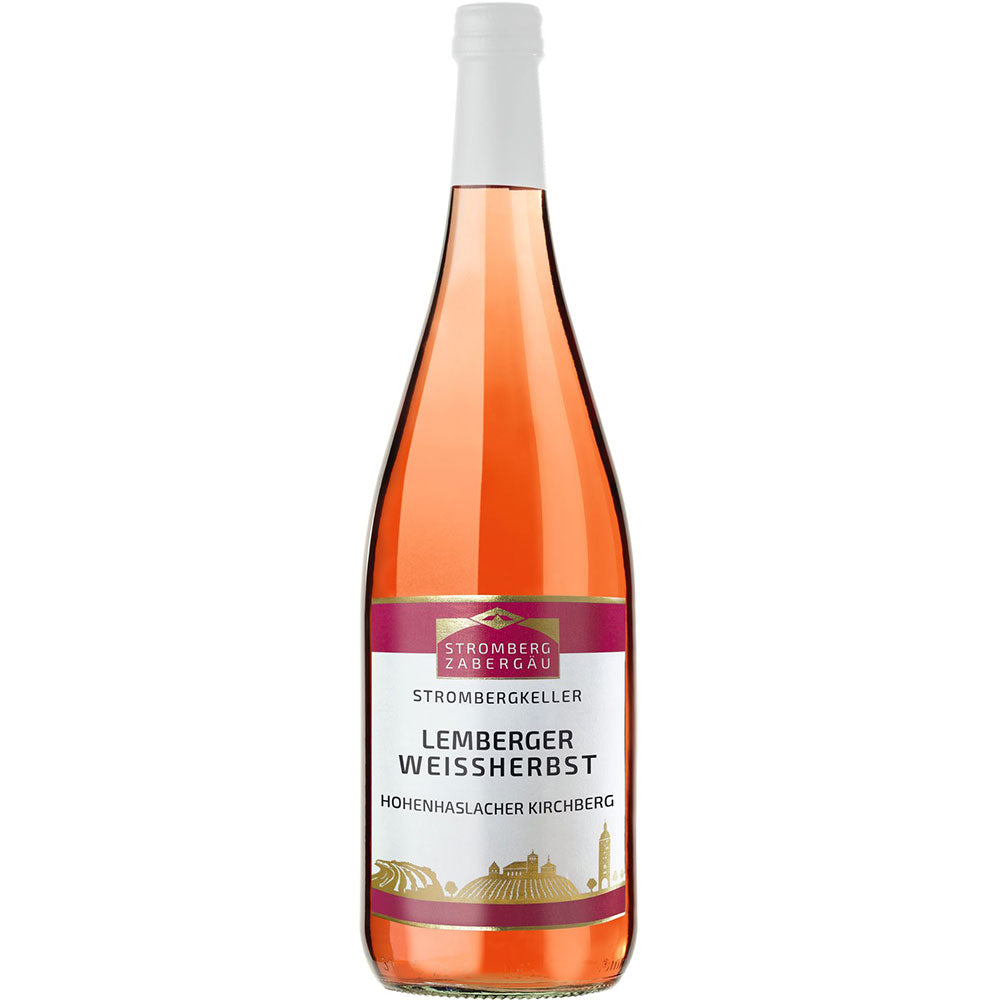 Eine 1L Flasche Weingärtner Stromberg-Zabergäu Hohenhaslacher Kirchberg Lemberger Weißherbst Roséwein, Teil eines 12er Packs (Mehrweg), mit weißem Verschluss und etikettierter Vorderseite.