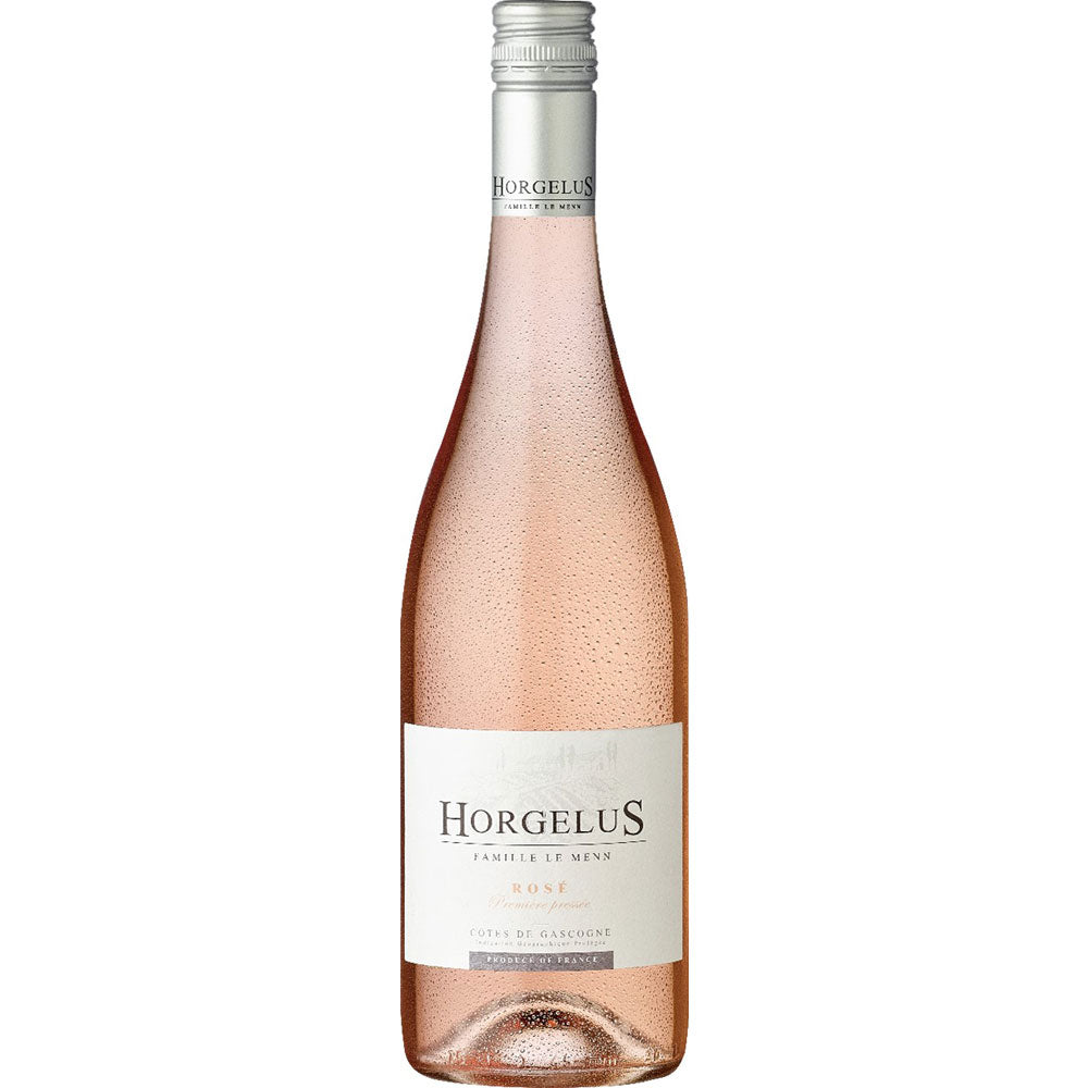 Eine klare Flasche Domaine Horgelus Rosé Côtes de Gascogne IGP 2024 mit silbernem Verschluss und weißem Etikett steht vor einem schlichten Hintergrund - ein idealer Sommerwein von Domaine Horgelus für warme Tage.