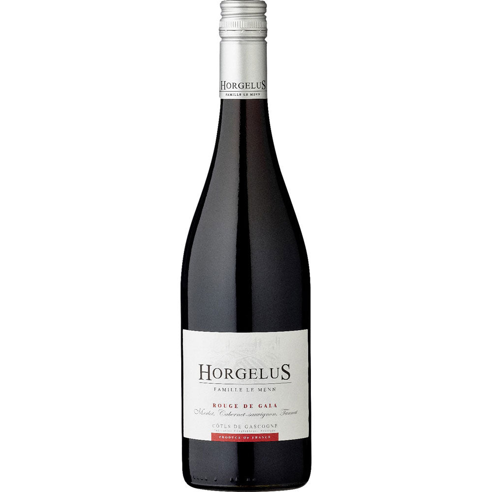 Eine Flasche Domaine Horgelus Rouge de Gala Côtes des Gascogne IGP 2024 von Domaine Horgelus mit weißem Etikett und silbernem Verschluss ist auf einem schlichten weißen Hintergrund abgebildet.