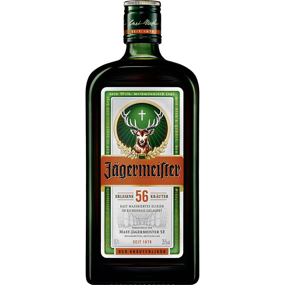 Eine 0,7-Liter-Flasche Jägermeister 35% mit dem klassischen grünen Etikett mit Hirsch und orangefarbenem Logo.