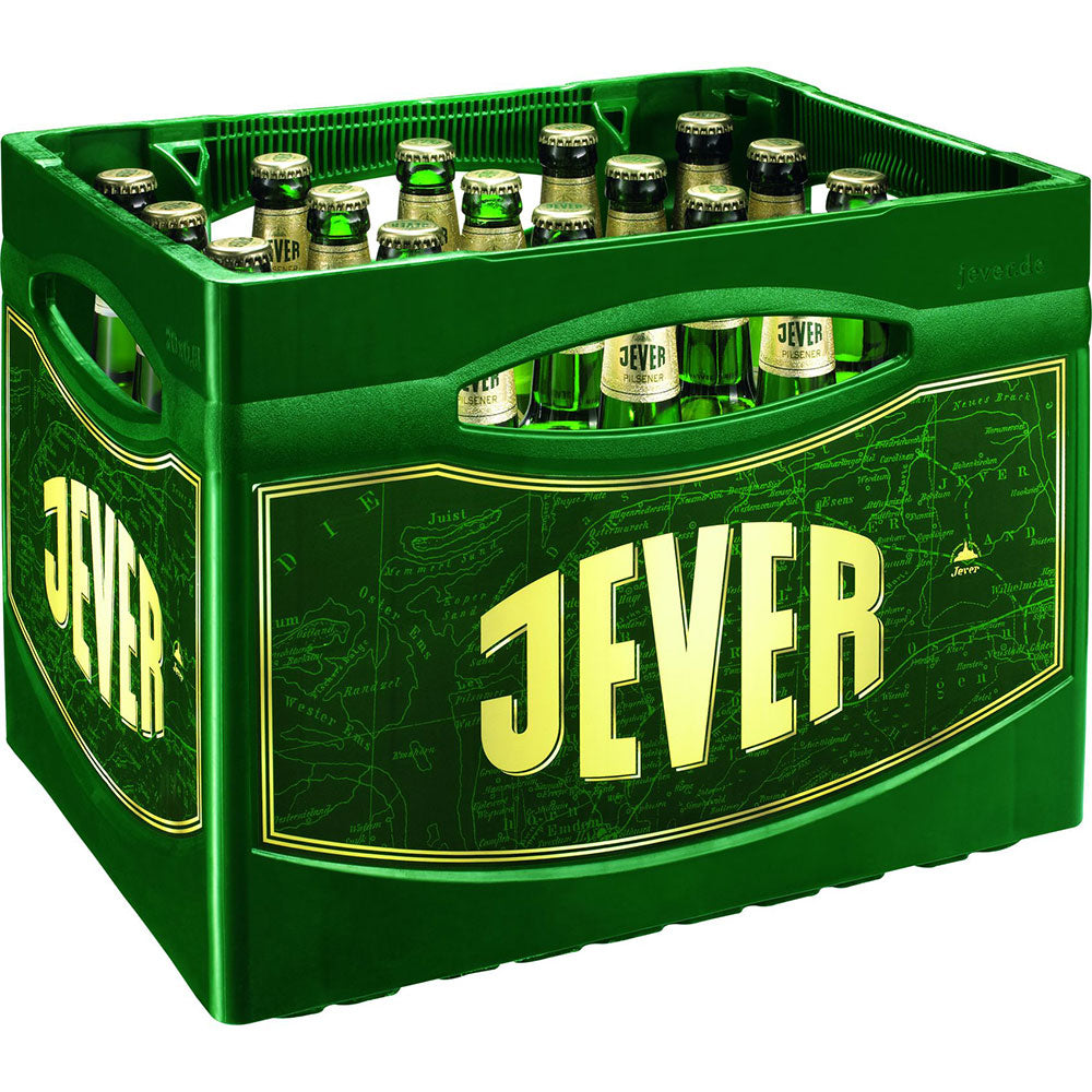 Ein grüner Kasten Jever Pilsener 20x 0,5 Liter (MEHRWEG) Flaschen, verziert mit dem plakativen Jever-Logo - norddeutsche Bierkultur pur.
