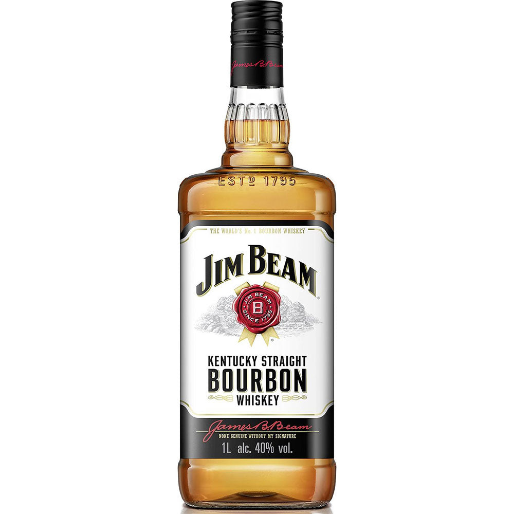 Eine 1-Liter-Flasche Jim Beam White Bourbon Whiskey 40% von Jim Beam, mit weißem Etikett und schwarzem Verschluss.