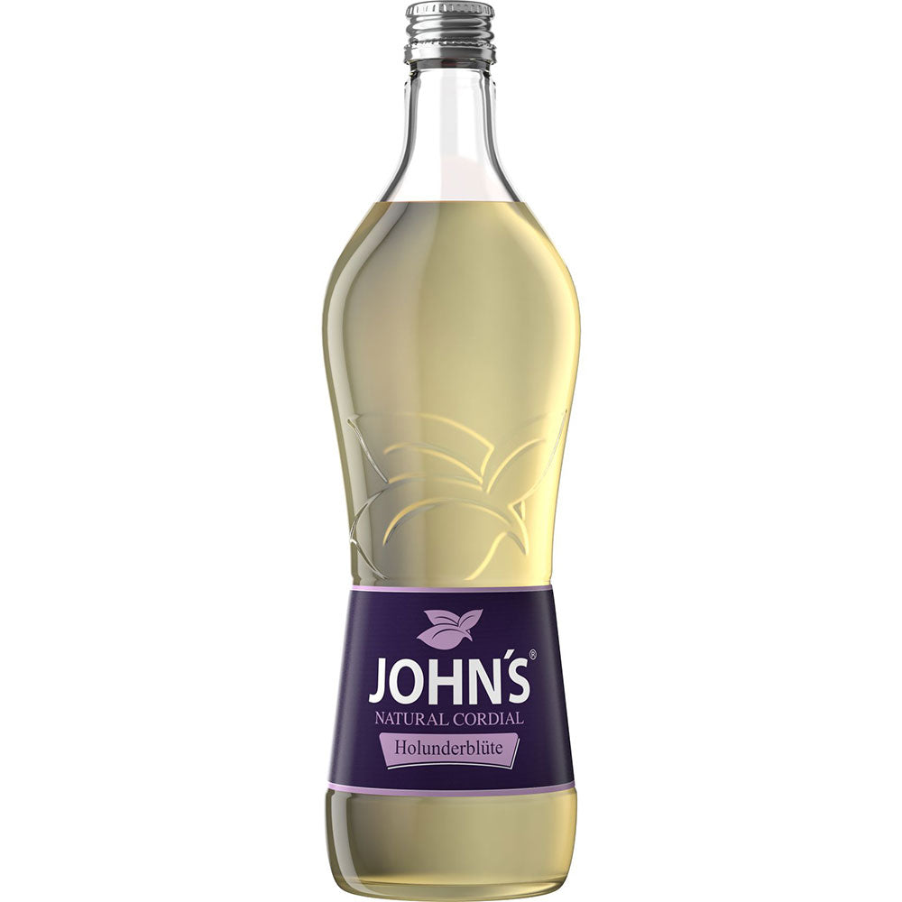 Eine klare 0,7L Flasche John's Natural Cordial Holunderblüte Sirup mit lila Etikett und silbernem Verschluss - perfekt als alkoholfreier Sirup-Mixer oder für die Zubereitung erfrischender Getränke.
