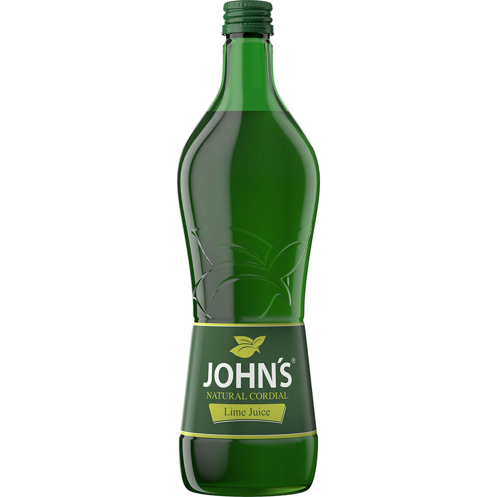 Eine 0,7L grüne Flasche John's Natural Cordial Lime von John's, hergestellt mit reinem Limettenkonzentrat und einem Blatt Logo - ideal als alkoholfreie Cocktailzutat.