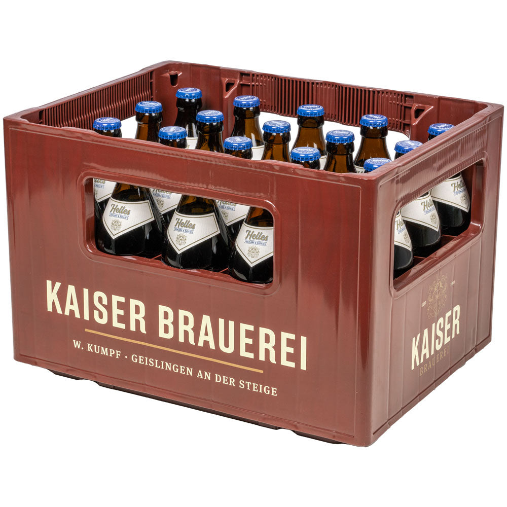 Ein roter Kasten mit 20 0,5L Mehrwegflaschen Kaiser Helles von der Kaiser Brauerei, jede verschlossen und etikettiert, bietet schwäbische Braukunst in jedem Schluck.