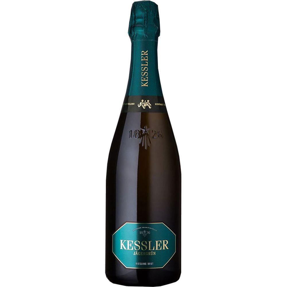 Eine 0,75L-Flasche KESSLER Sekt Jägergrün Riesling Brut, hergestellt in traditioneller Flaschengärung mit dunkelgrünem Etikett und Halsfolie.