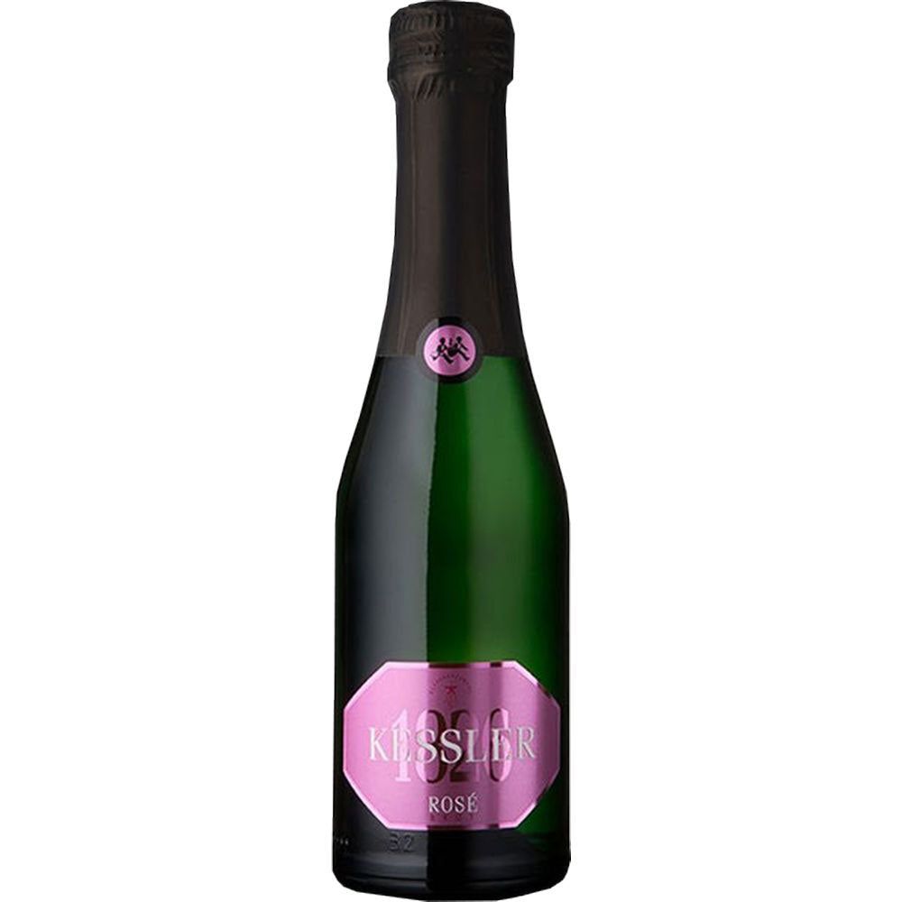 Eine kleine grüne Flasche KESSLER Sekt Rosé Brut 0,2 Liter mit einem rosa Etikett und schwarzer Folie.