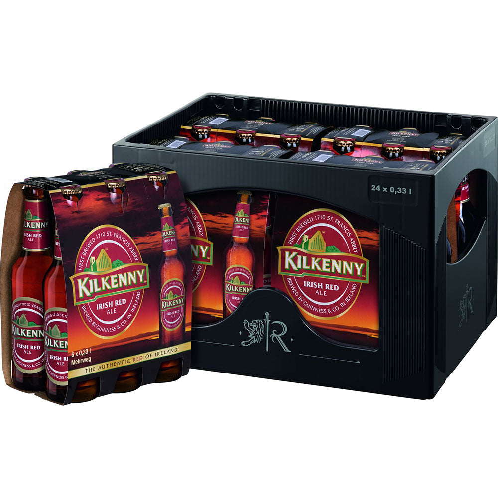 Kilkenny 4x6er 24 x 0,33L (Mehrweg) Kiste mit Kilkenny Irish Red Ale Flaschen, gebrandet von Kilkenny, mit roten und goldenen Etiketten.