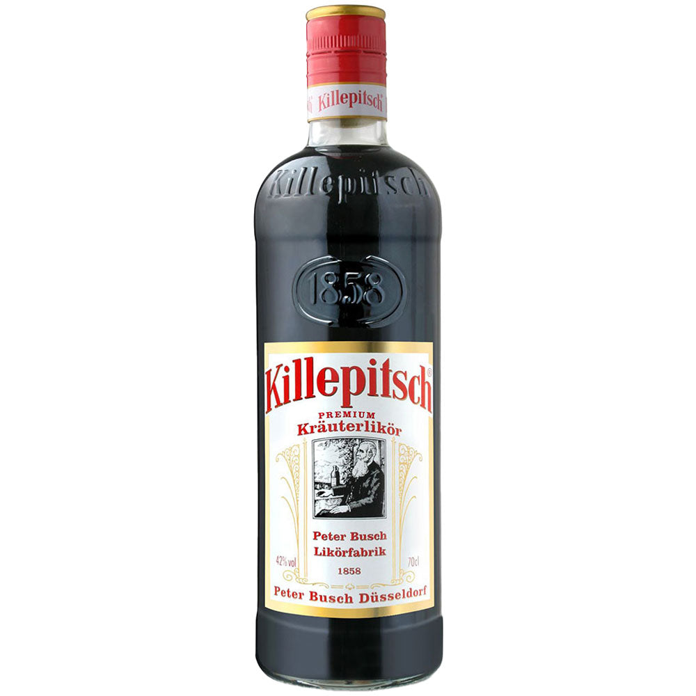 Eine 0,7L Flasche Killepitsch Kräuterlikör 42% von Killepitsch mit rotem Verschluss und weiß-rotem Etikett zelebriert Düsseldorfer Tradition.