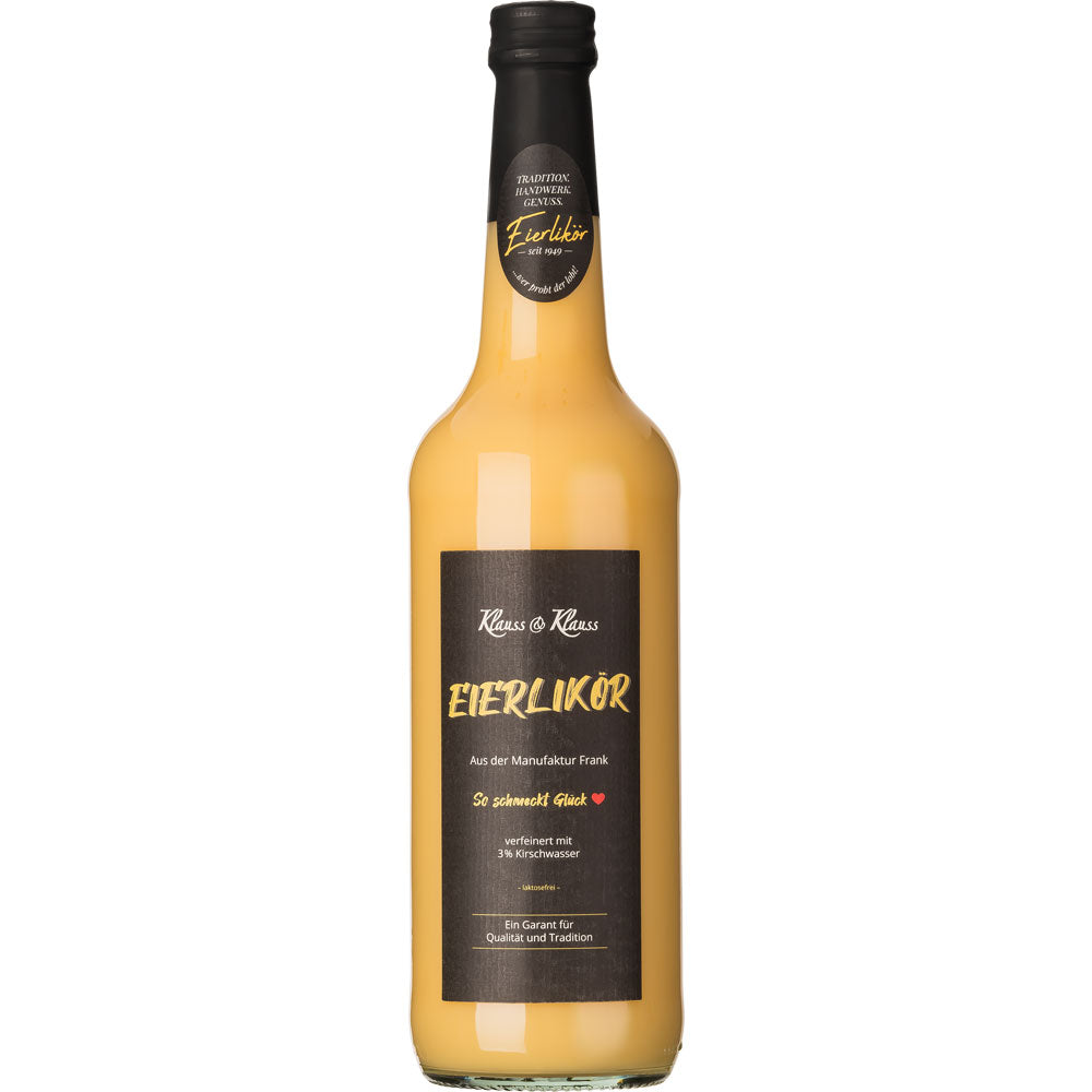 Eine 0,7-Liter-Flasche Klauss & Klauss Eierlikör 20% - ein cremig-gelber, glutenfreier Likör mit einem schwarz-gelben Etikett.