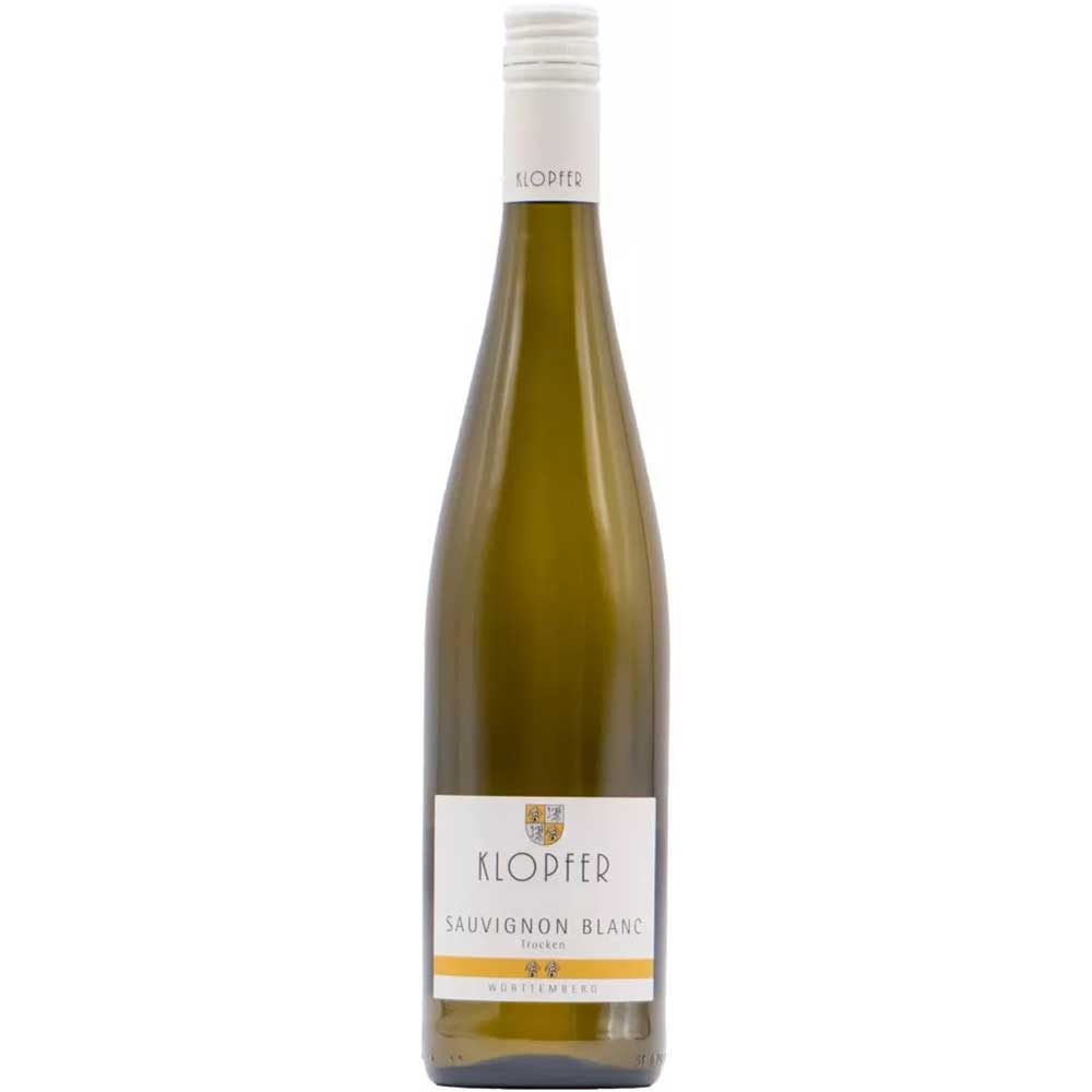 Eine Flasche Wolfgang Klopfer Sauvignon Blanc BIO trocken 2024 mit weißem Etikett und Schraubverschluss.