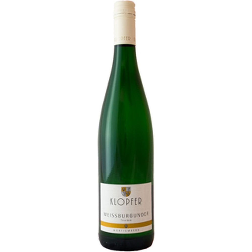 Grüne Weinflasche mit weißem Verschluss und Etikett mit der Aufschrift Wolfgang Klopfer Weißburgunder Gutswein BIO trocken 2023, ein hochwertiger deutscher Weißwein von Wolfgang Klopfer, vor weißem Hintergrund.