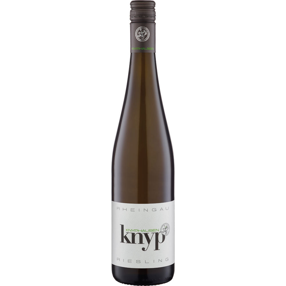 Eine Flasche Knyphausen Riesling Knyp Feinherb 2024, mit weißem Etikett und silbernem Schraubverschluss.