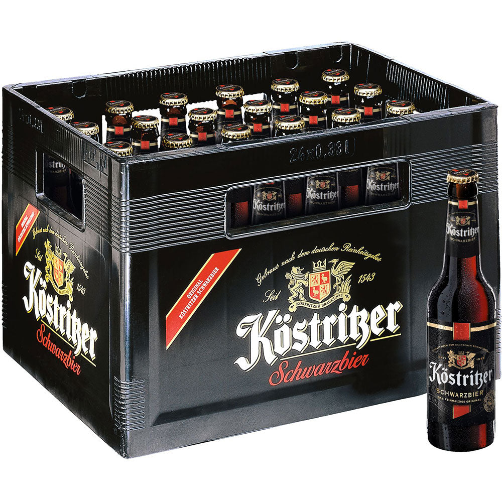 Eine Kiste Köstritzer Schwarzbier 24x 0,33 Liter (MEHRWEG) von Köstritzer in der Auslage, mit einer Flasche davor, um dieses klassische dunkle Bier zu präsentieren.