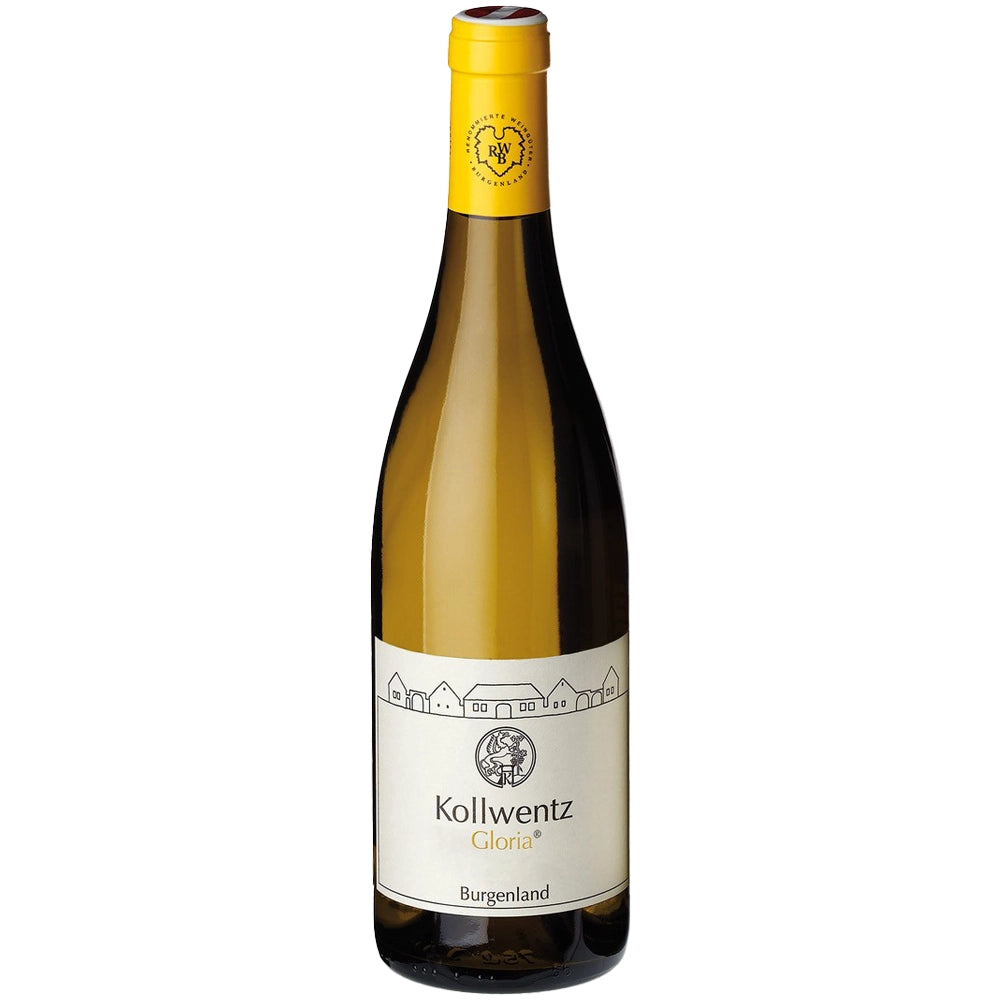 Eine Flasche Kollwentz Chardonnay Ried Gloria Burgenland DAC 2023, die sich durch ihren gelben Verschluss und ihr cremefarbenes Etikett auszeichnet, präsentiert einen Chardonnay aus der renommierten Weinlage Ried Gloria in den Leithagebirgen.